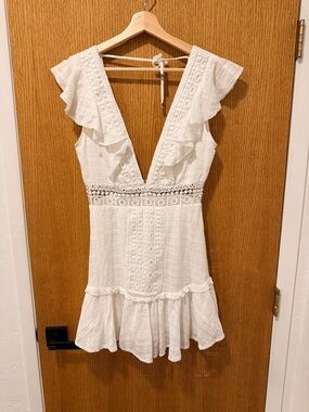 White Mini Dress with Lace Trim - Elegant Ruffled V-Neck